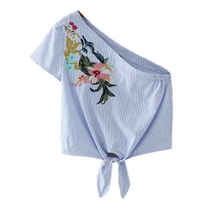 Embroidered One Shoulder Crop Top Shirt