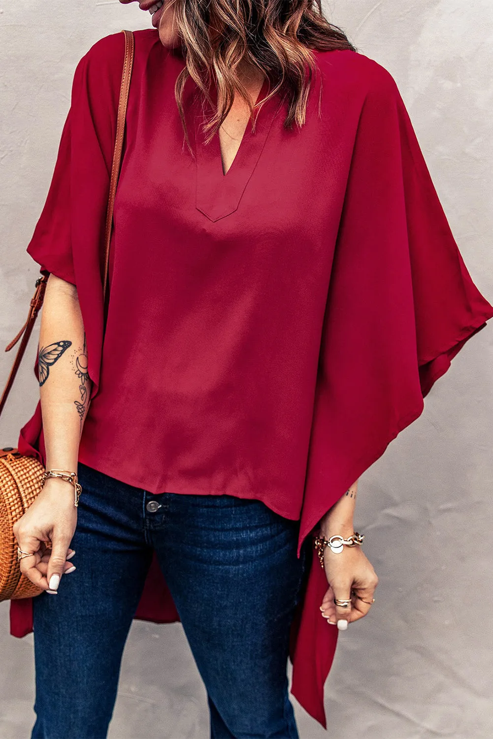 Fiery Red Chic High Low Kimono Top