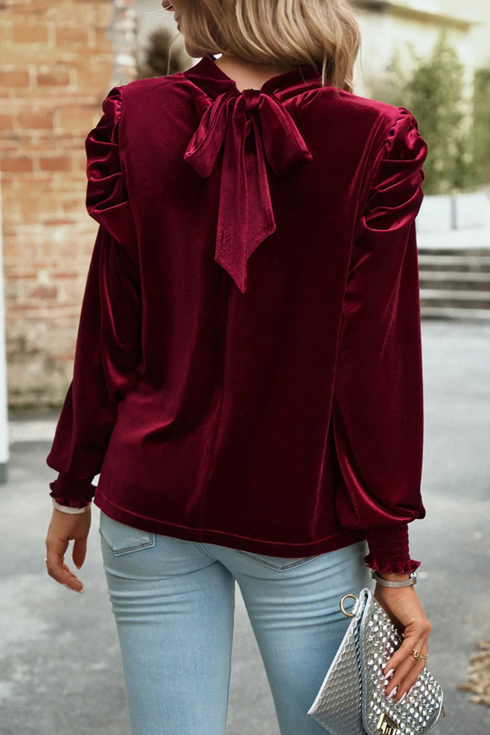 Fiery Red Mock Neck Puff Sleeve Velvet Blouse