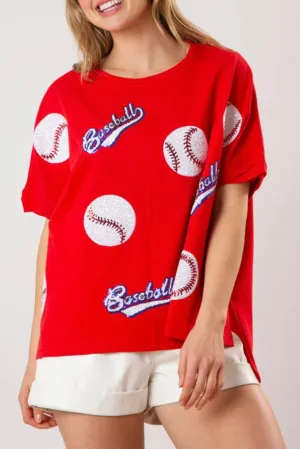 Fiery Red Sequin Baseball Loose Fit Tee