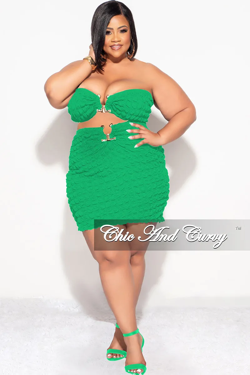 Final Sale Plus Size 2pc Honeycomb Texture Strapless Top and Skirt Set in Green