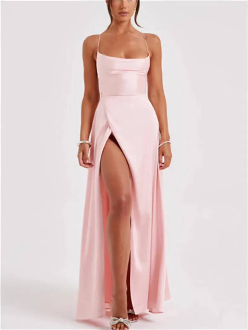 Formal Dress Elegant Solid Color Backless Split Evening Gown