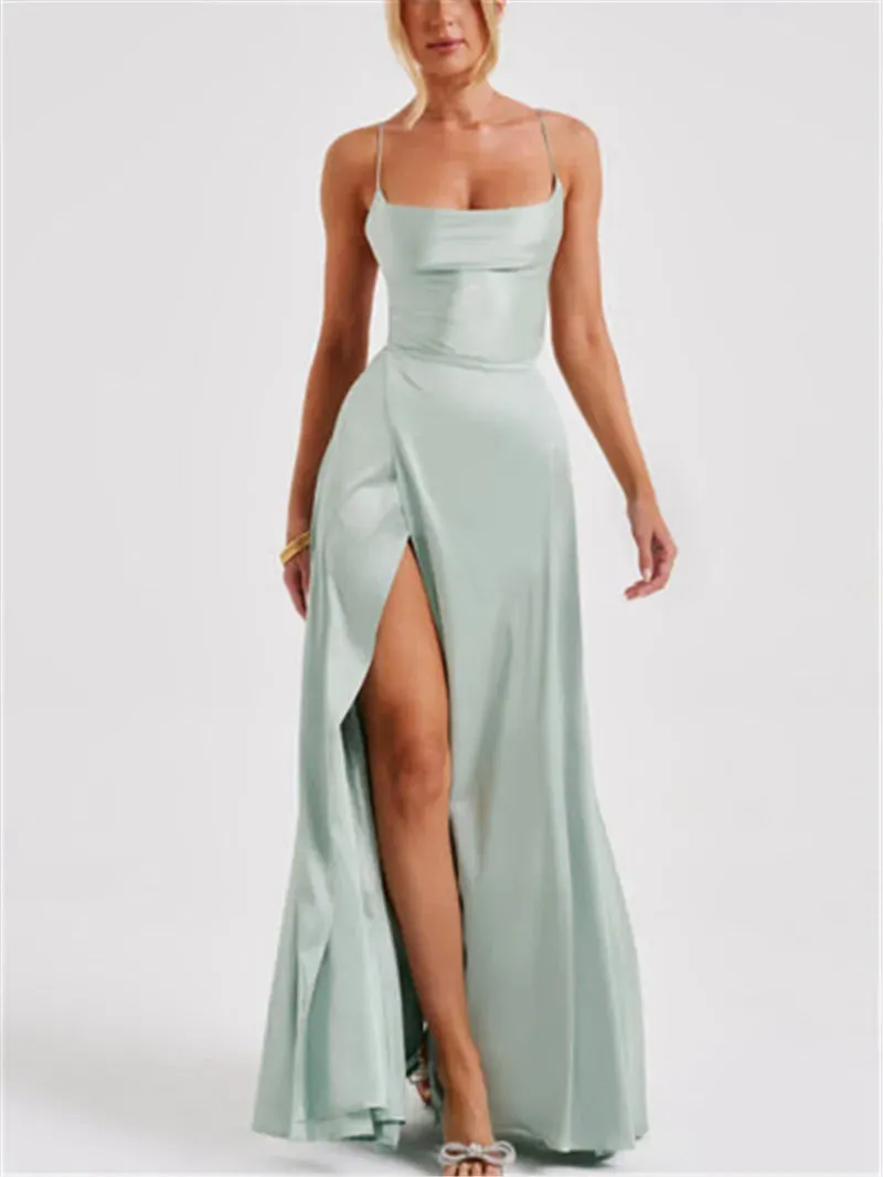 Formal Dress Elegant Solid Color Backless Split Evening Gown