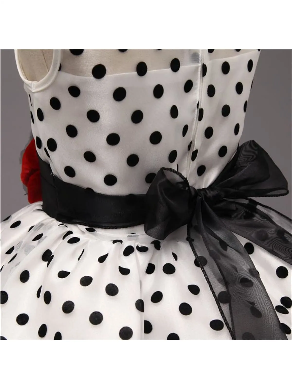 Girls Elegant Sleeveless Formal Polka Dot Dress with Flower Sash ( 2 Color Options)