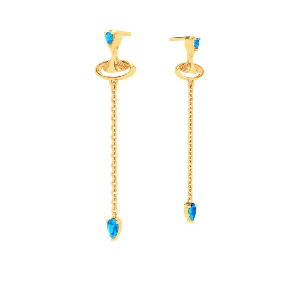 Gold Earrings With Blue Gems & Artsy Whirl Shape From Goldlites Collection