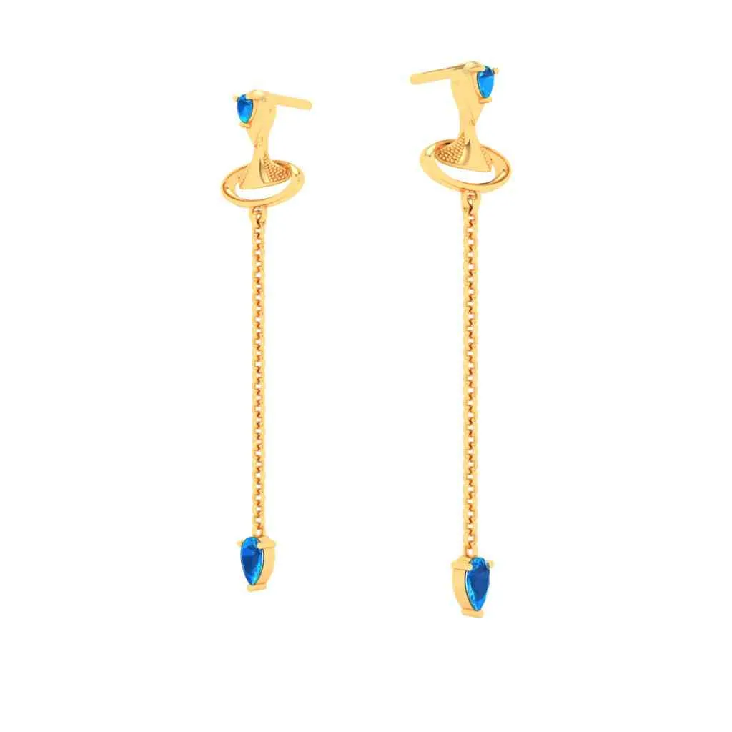 Gold Earrings With Blue Gems & Artsy Whirl Shape From Goldlites Collection