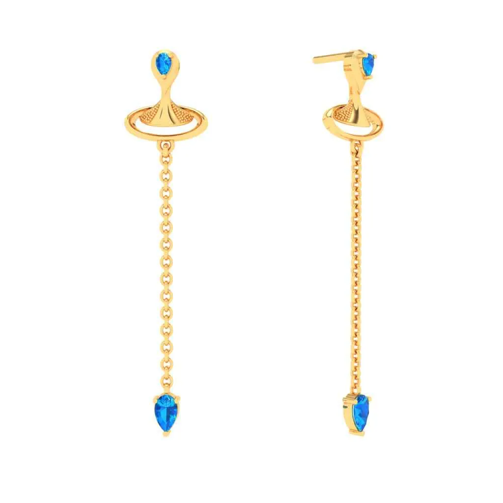 Gold Earrings With Blue Gems & Artsy Whirl Shape From Goldlites Collection