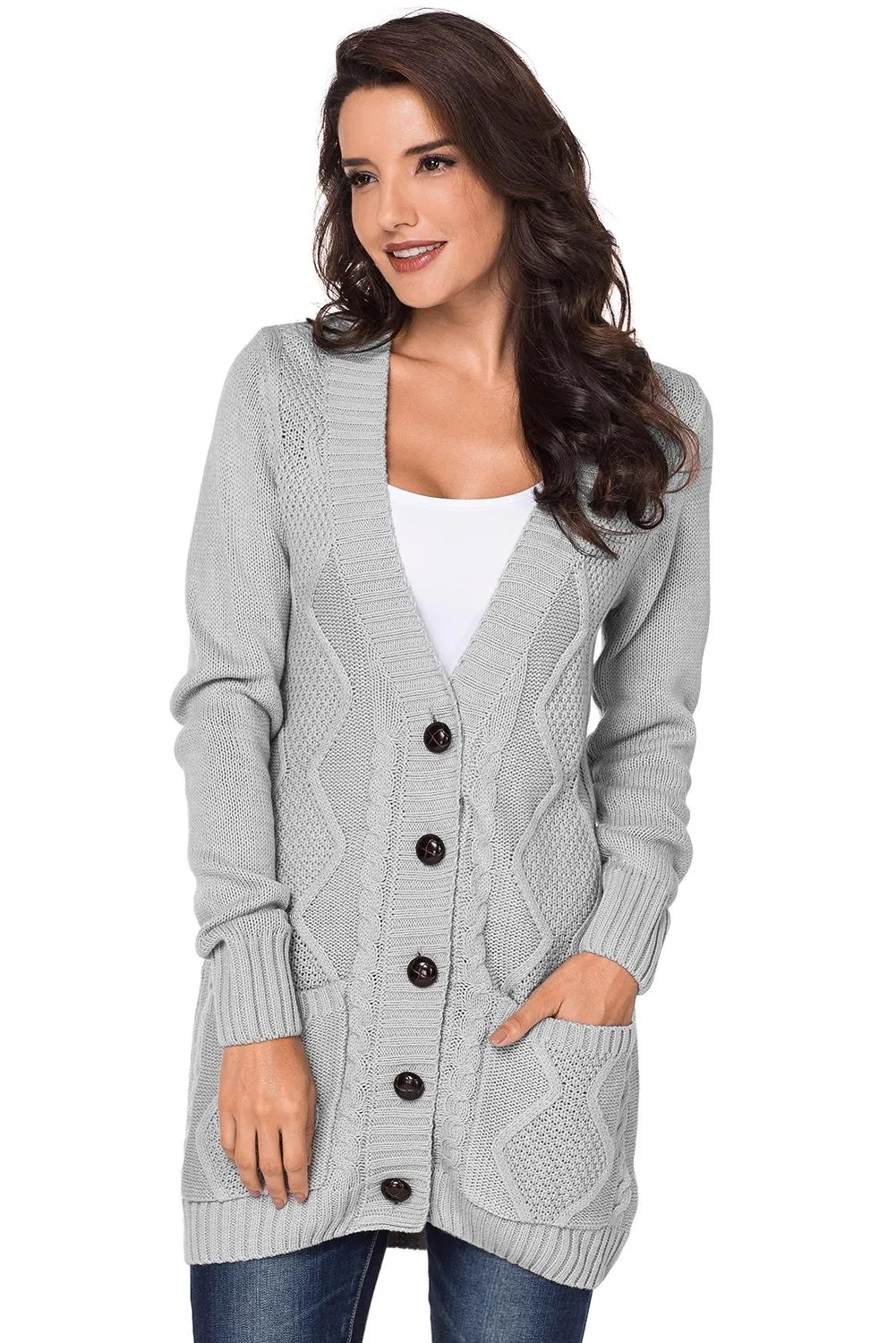 Gray Front Pocket and Buttons Closure Cardigan