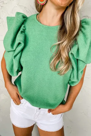 Green Solid Color Ruffle Sleeve Ribbed Blouse