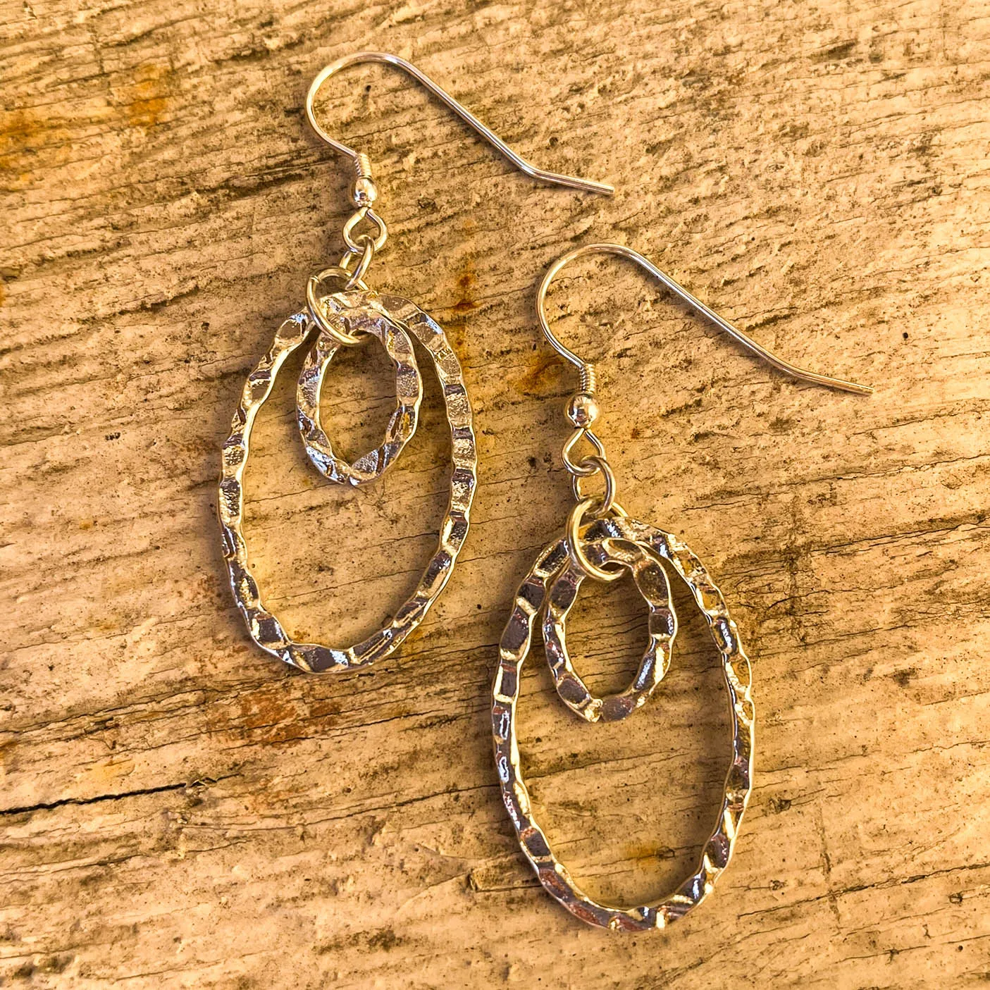 Hammered Silver Double Oval Hoop Earrings #124