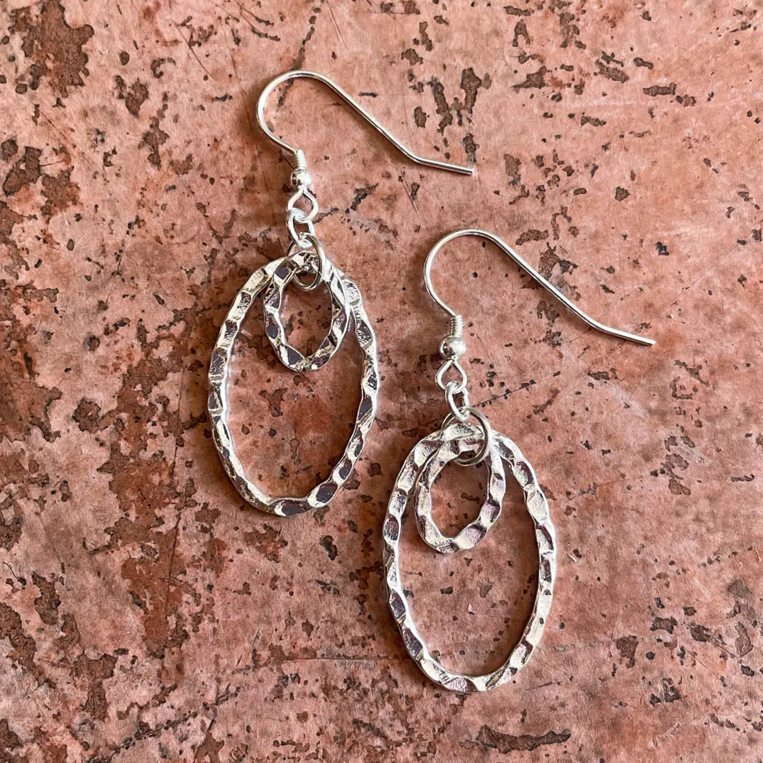 Hammered Silver Double Oval Hoop Earrings #124