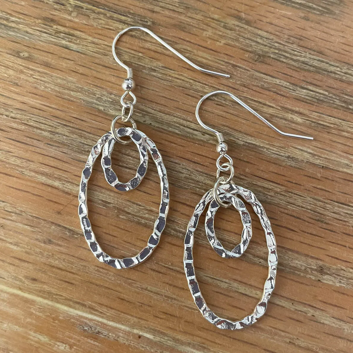 Hammered Silver Double Oval Hoop Earrings #124