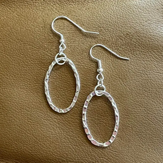 Hammered Silver Oval Hoop Earrings #122