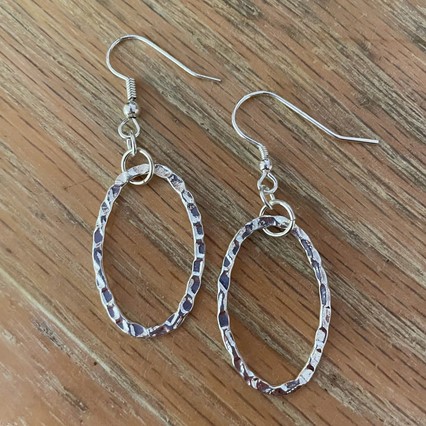 Hammered Silver Oval Hoop Earrings #122