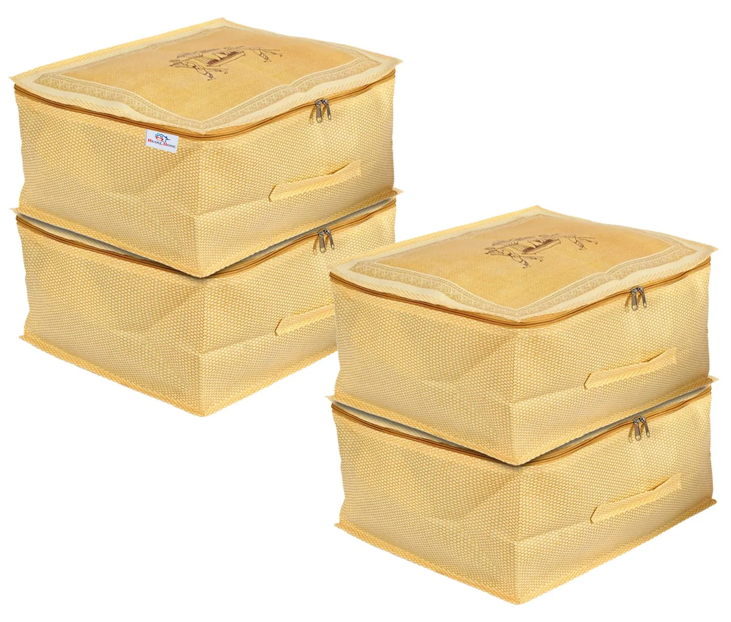 Heart Home Doli Printed Non-woven Foldable Underbed/Storage Bag/Wardrobe Organizer,Pack of 4 (Gold) 54HH4297.