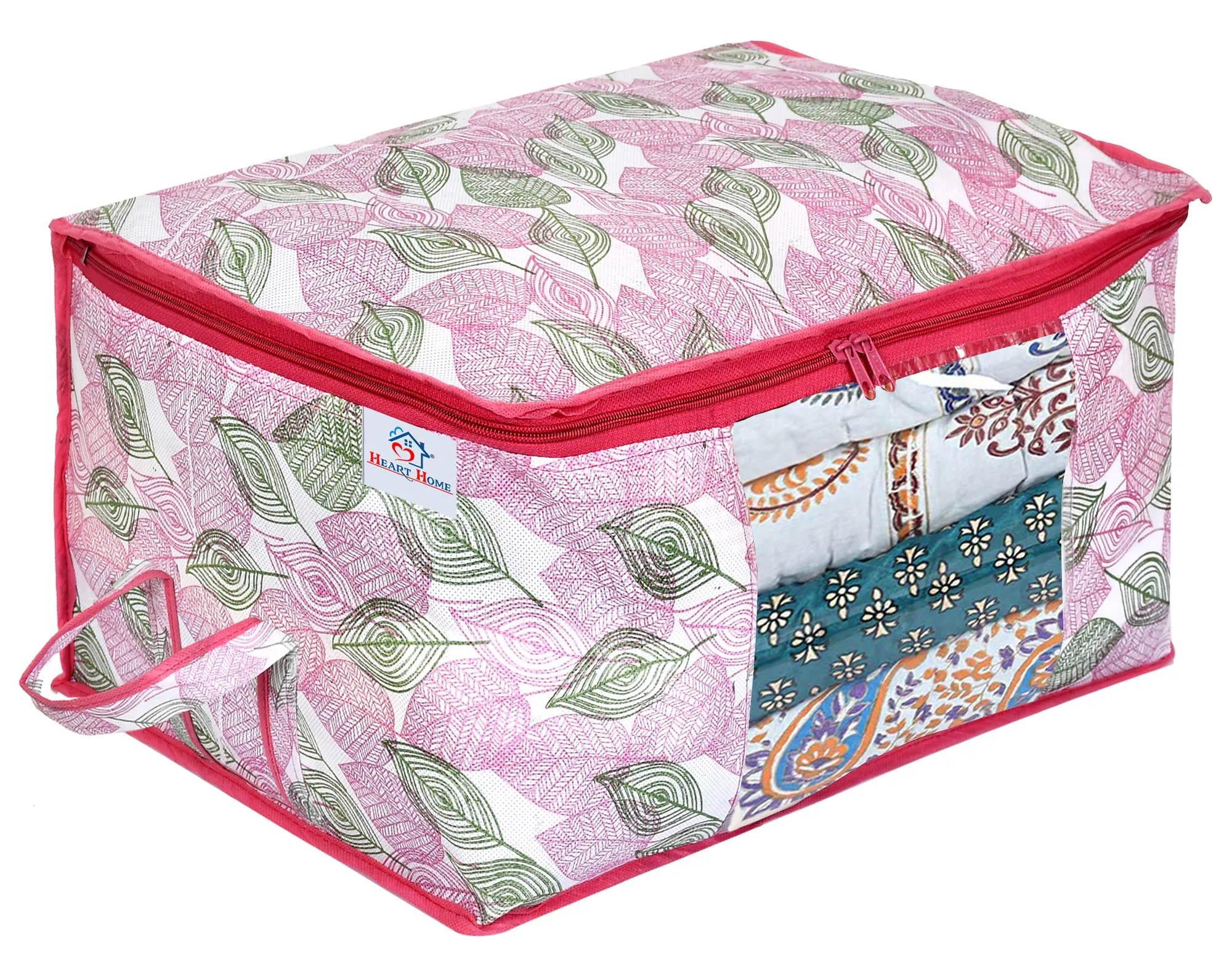 Heart Home Metalic Leafy Print Non Woven Underbed Storage Bag|Cloth Organiser|Blanket Cover with Transparent Window (Pink)-HHEART16613