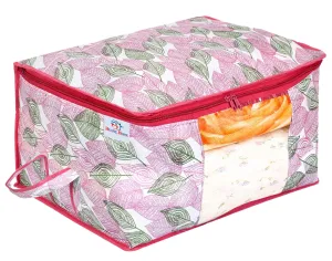 Heart Home Metalic Leafy Print Non Woven Underbed Storage Bag|Cloth Organiser|Blanket Cover with Transparent Window (Pink)-HHEART16613