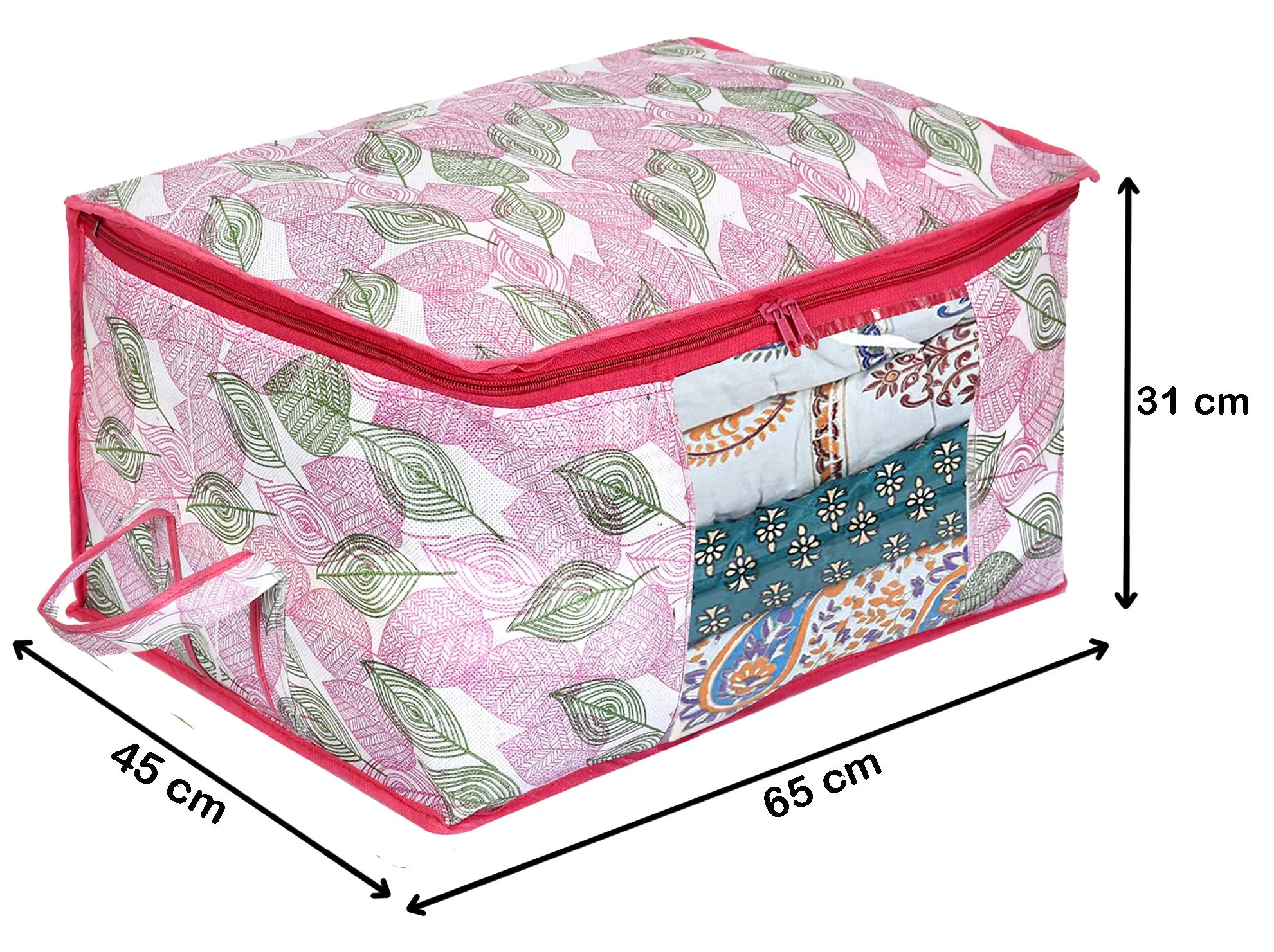 Heart Home Metalic Leafy Print Non Woven Underbed Storage Bag|Cloth Organiser|Blanket Cover with Transparent Window (Pink)-HHEART16613