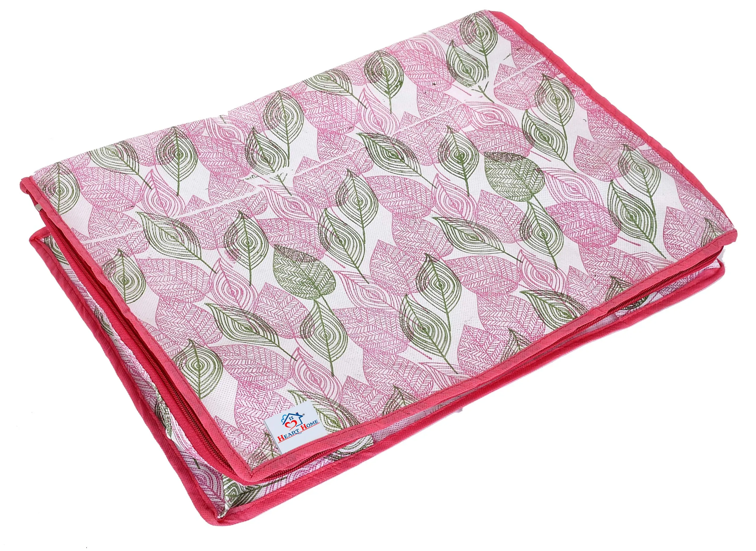 Heart Home Metalic Leafy Print Non Woven Underbed Storage Bag|Cloth Organiser|Blanket Cover with Transparent Window (Pink)-HHEART16613