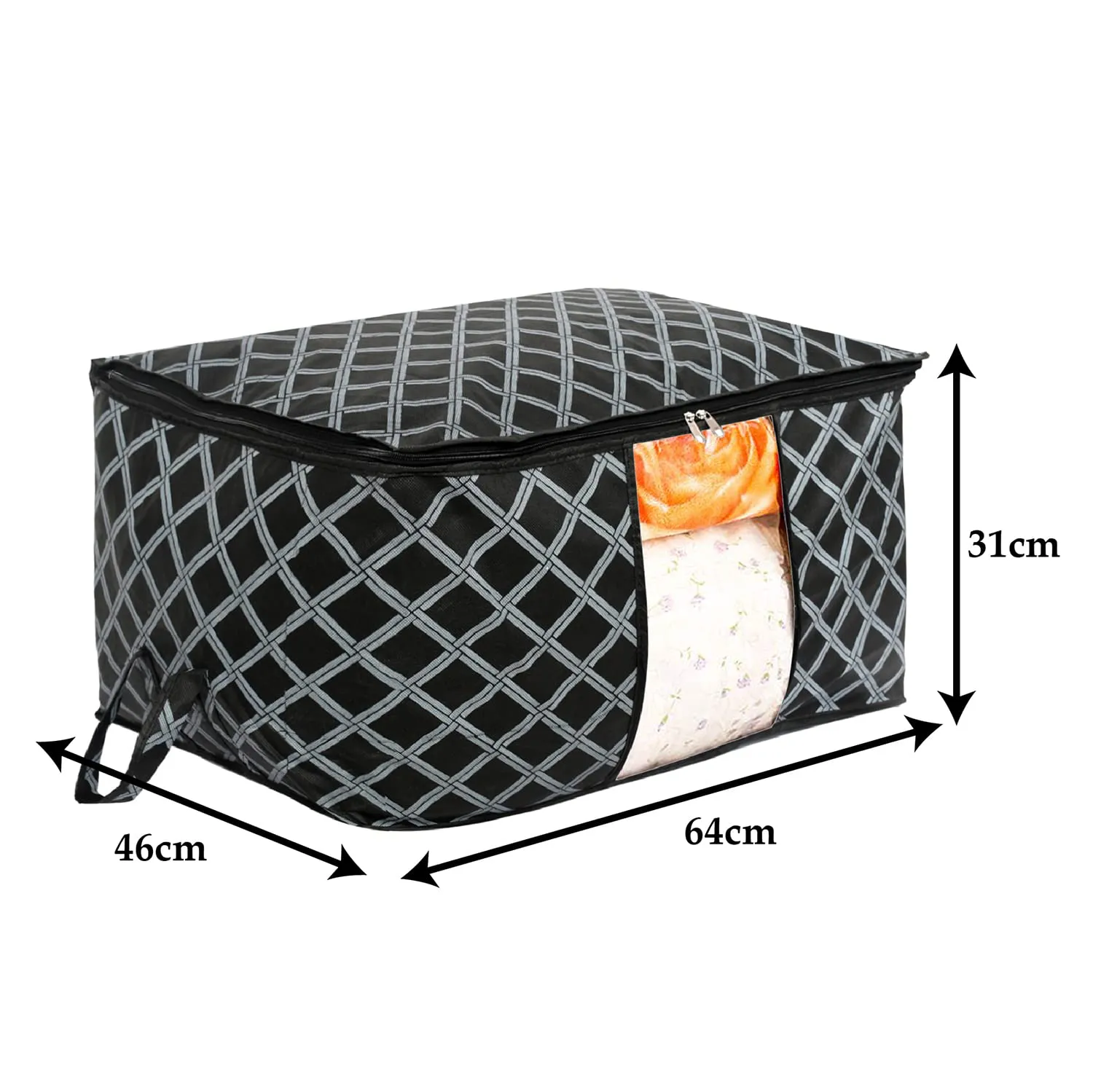 Heart Home Non-Woven Check Print Jumbo Underbed Storage Bag|Clothes Organizer For Clothes, Quilts, Blankets With Handle Pack of 2 (Black)