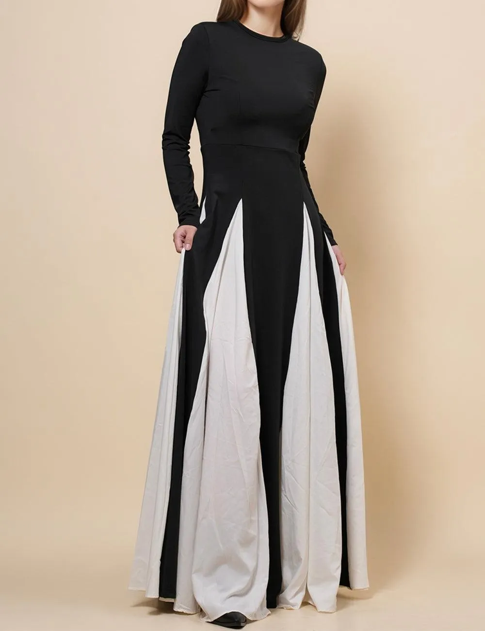 Ladies Elegant Color Block Godet Hem Maxi Dress SKD4886