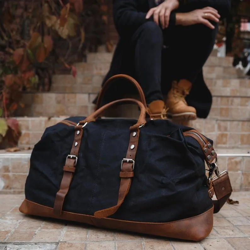 Large Waxed Canvas Weekender Duffle Bag Travel Mens-Dark Grey