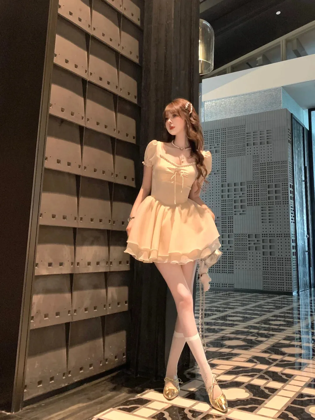 Lazy Girl Dreamy Rhinestone Cream Puff Sleeve Dress