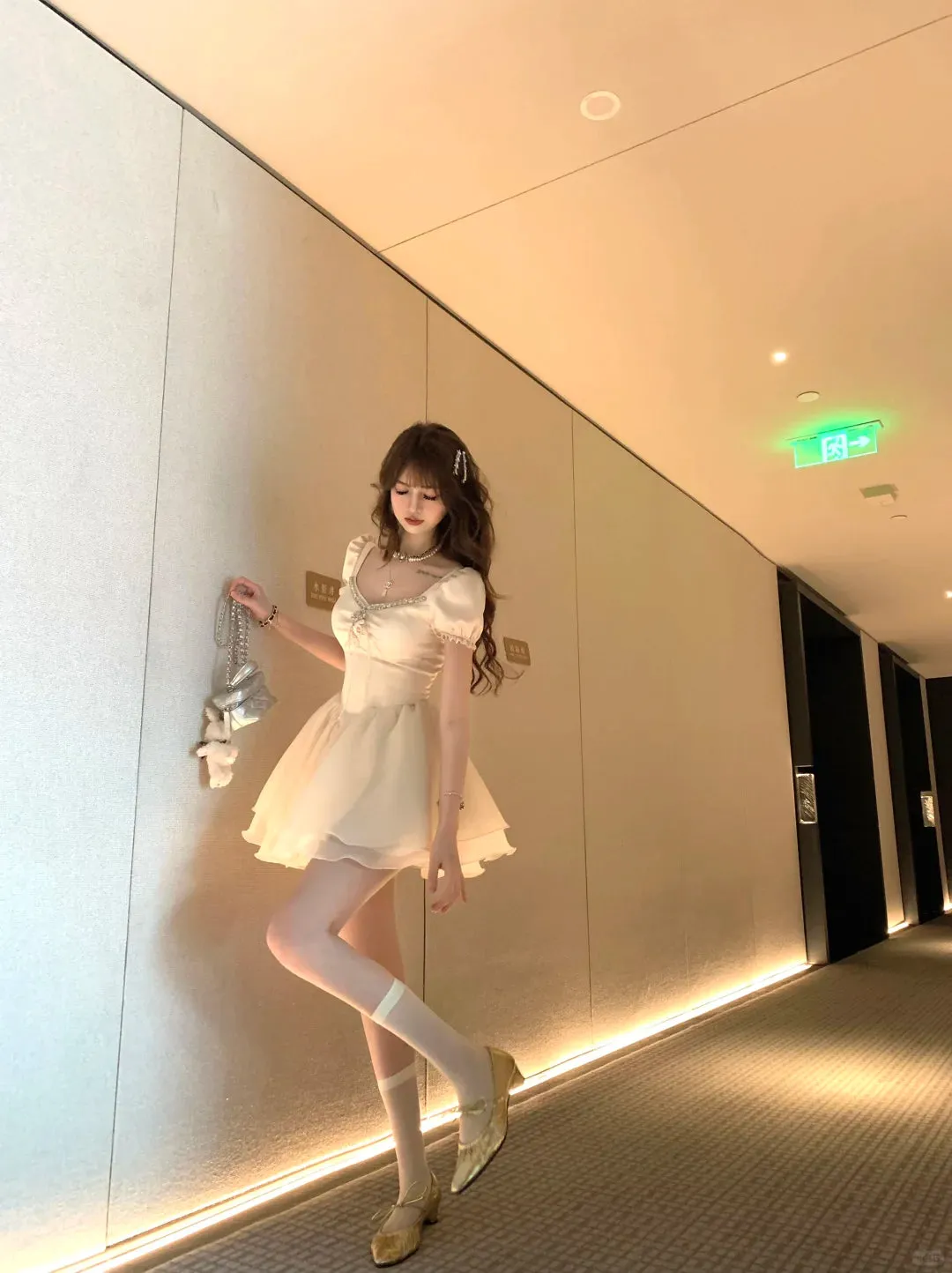 Lazy Girl Dreamy Rhinestone Cream Puff Sleeve Dress