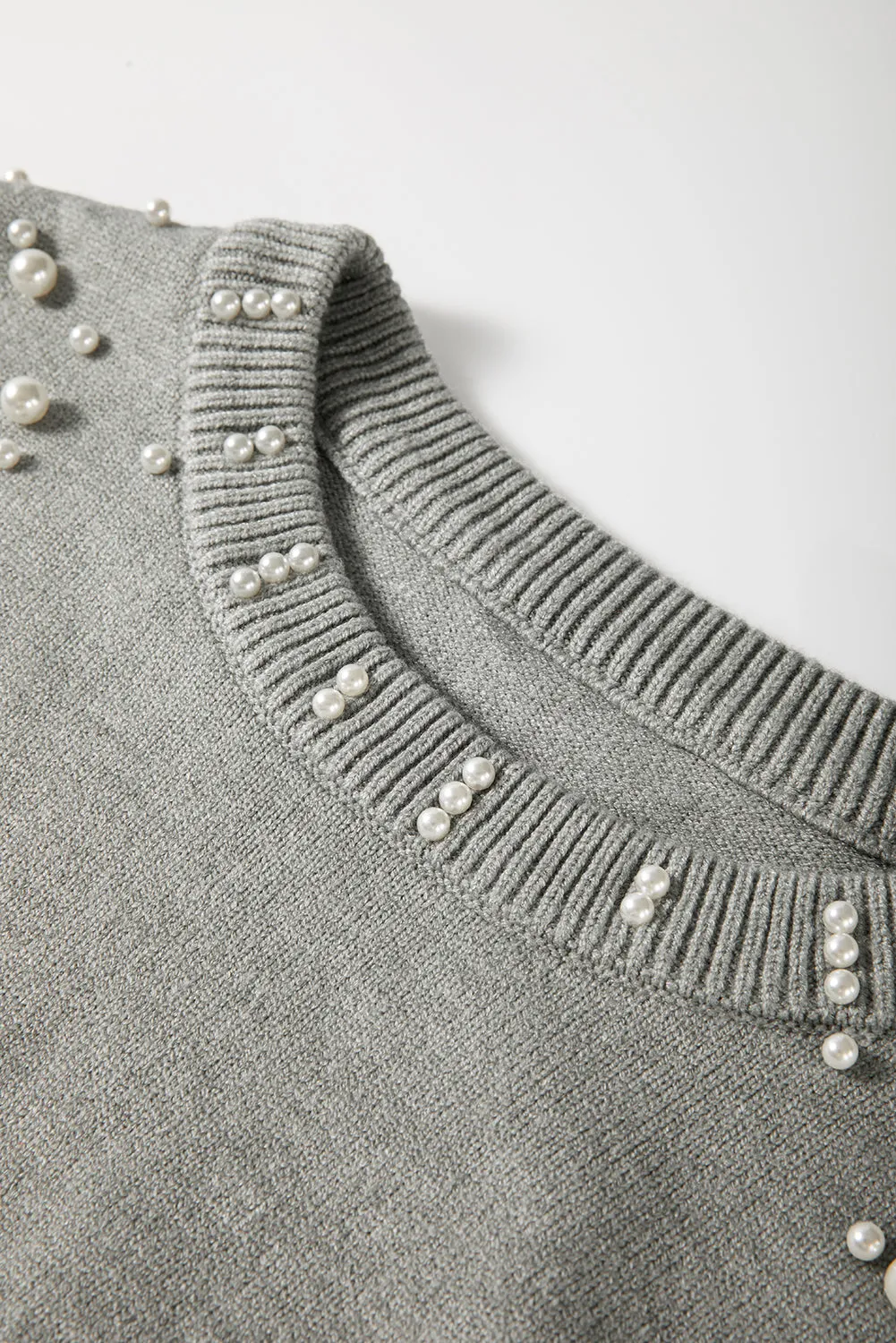 Light Grey Pearled Drop Shoulder Round Neck Sweater