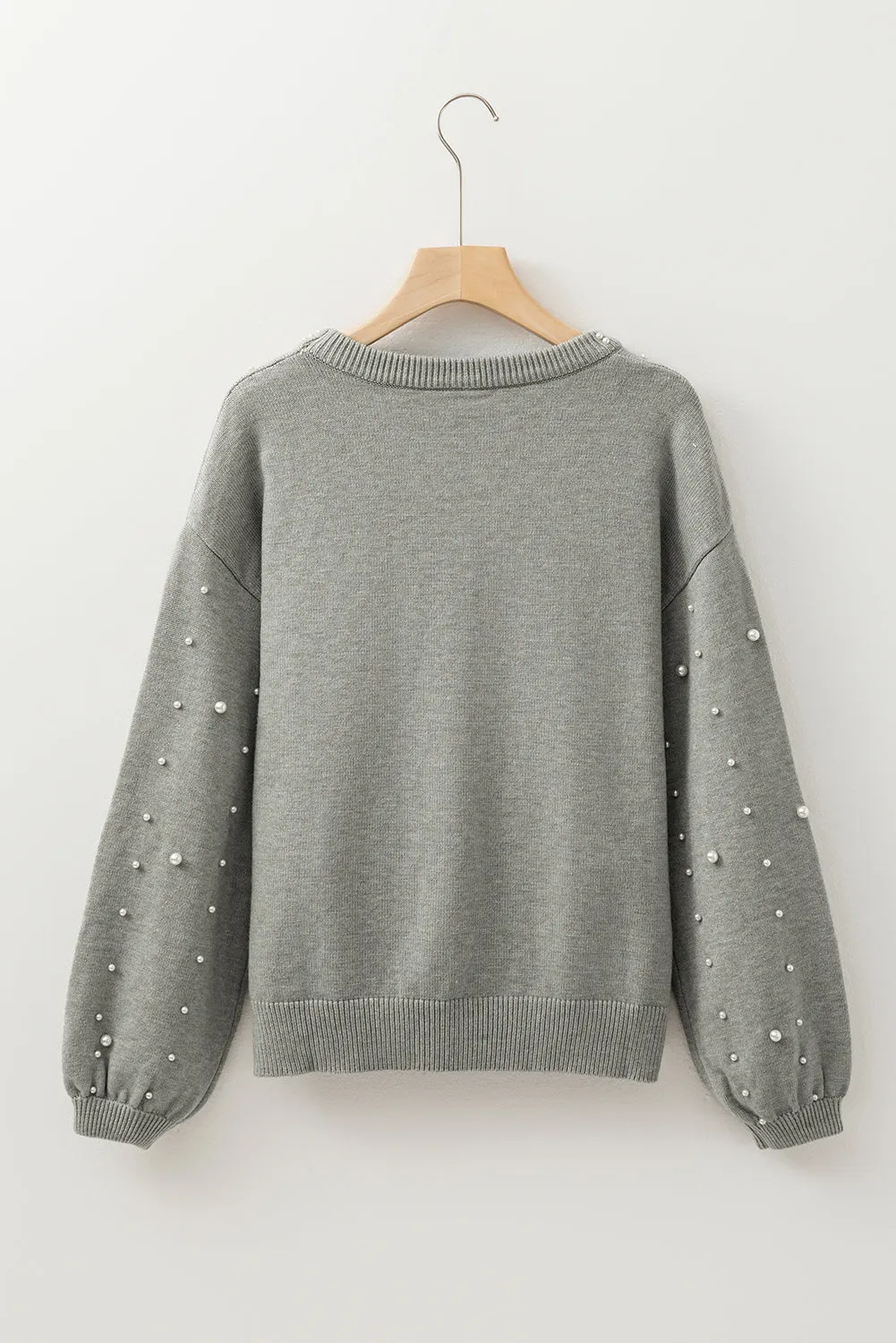 Light Grey Pearled Drop Shoulder Round Neck Sweater