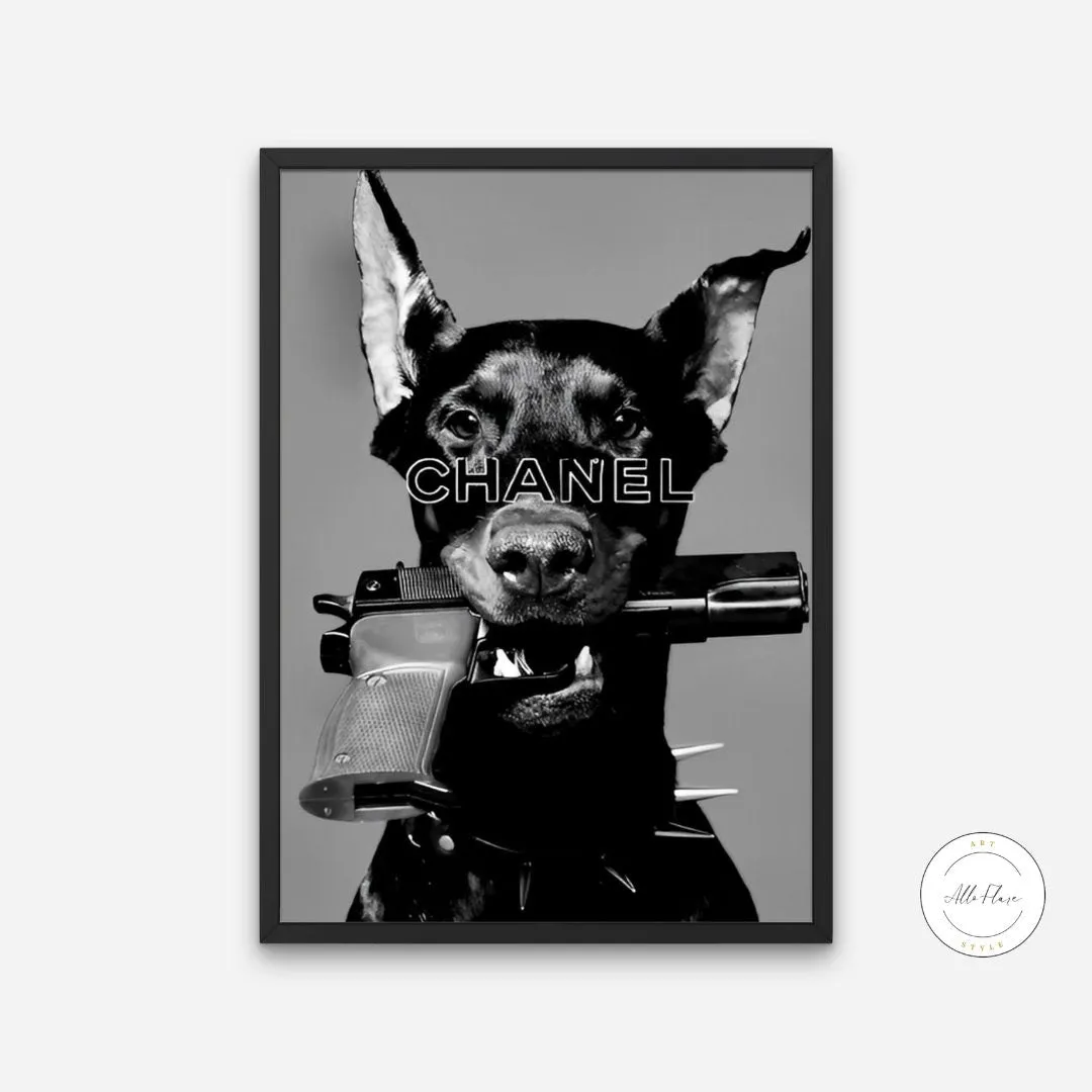 Luxury Fashion Doberman Poster PRINTABLE ART, Designer Wall Art, Luxury Fashion Poster, Designer Dog Print, Doberman Gun Poster