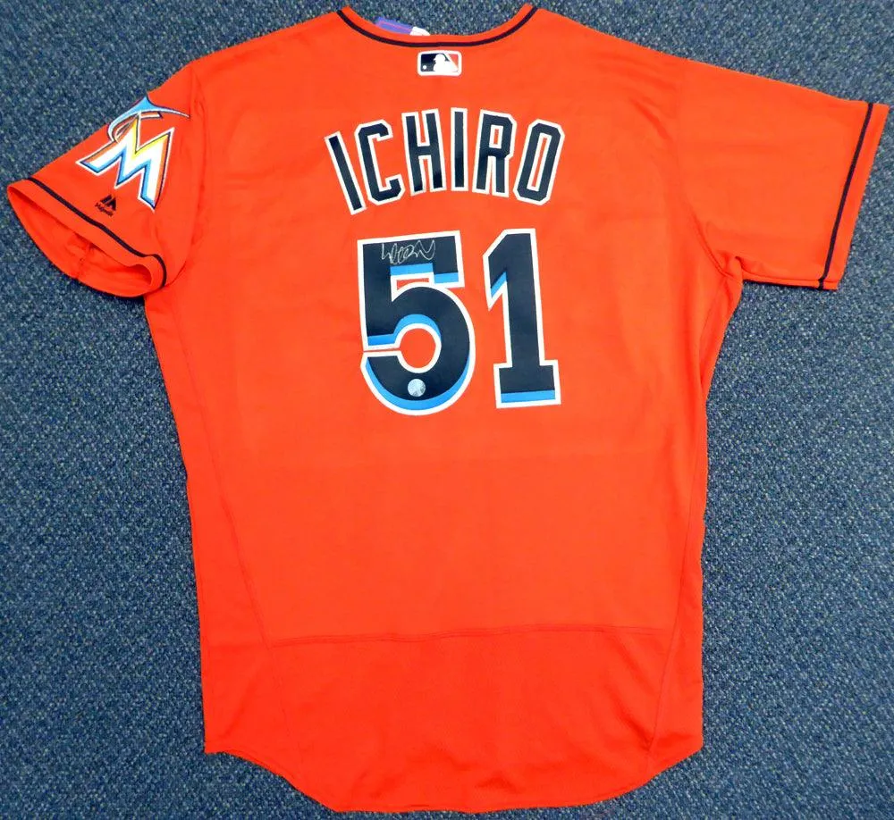 Miami Marlins Ichiro Suzuki Autographed Orange Majestic Authentic Flex Base Jersey Size 48 IS Holo Stock #111455