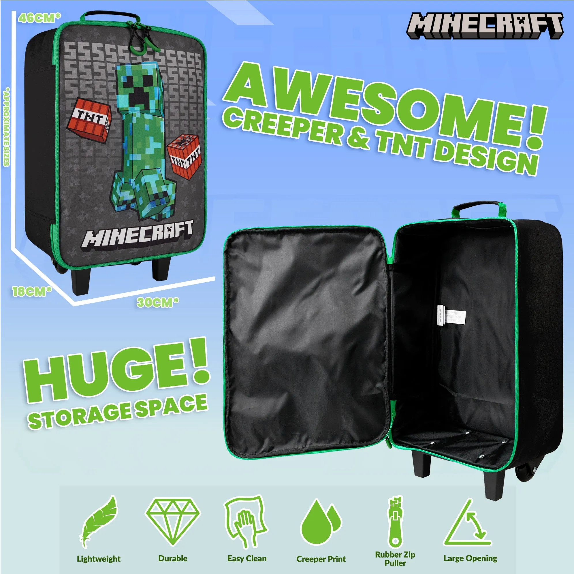 Minecraft Kids Suitcase for Boys and Girls Foldable Trolley Hand Luggage Bag Carry On Gamer Travel Bag with Wheels Size Cabin Bag Wheeled Bag with Handle Trolley Suitcase Boys