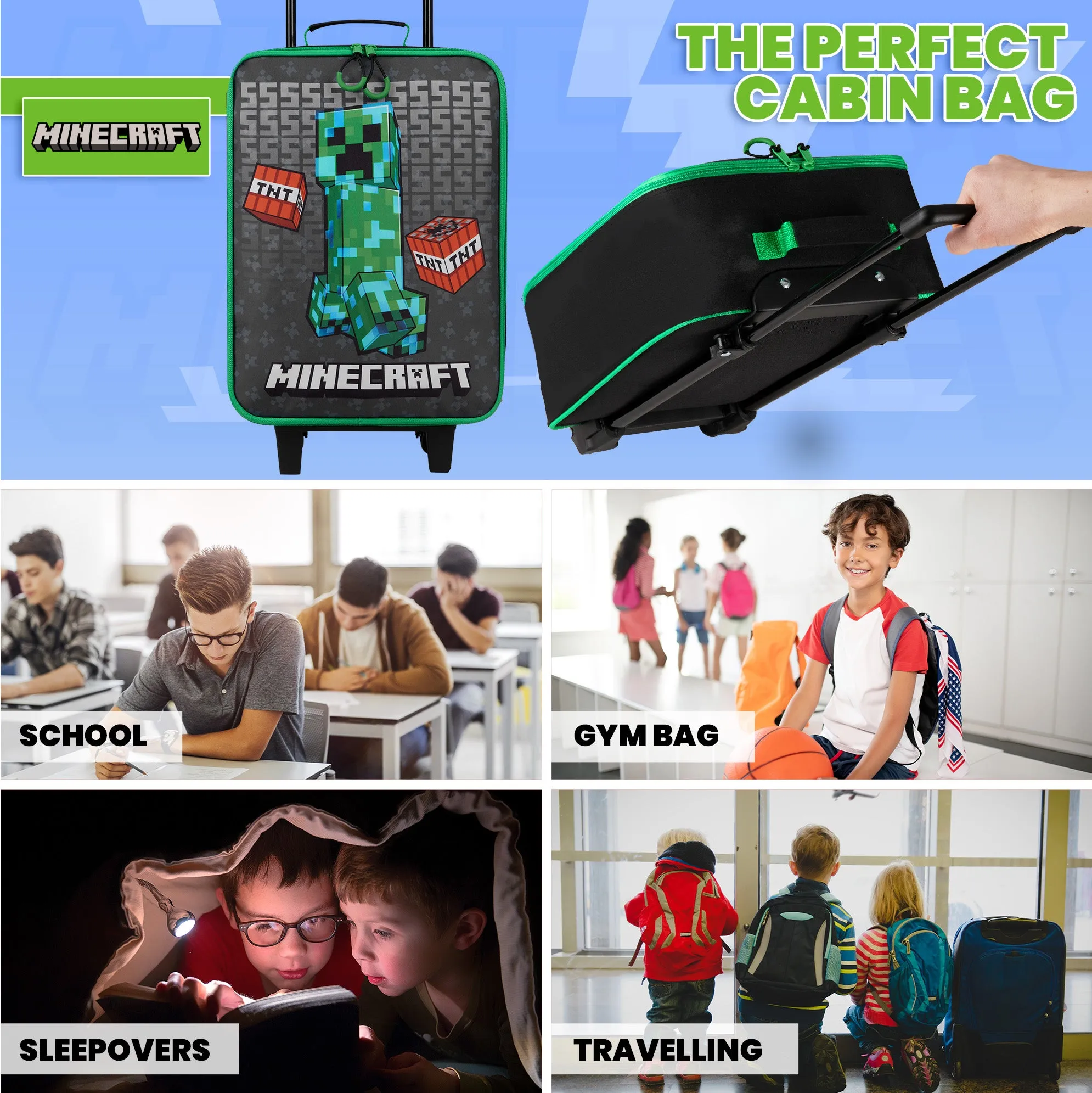 Minecraft Kids Suitcase for Boys and Girls Foldable Trolley Hand Luggage Bag Carry On Gamer Travel Bag with Wheels Size Cabin Bag Wheeled Bag with Handle Trolley Suitcase Boys