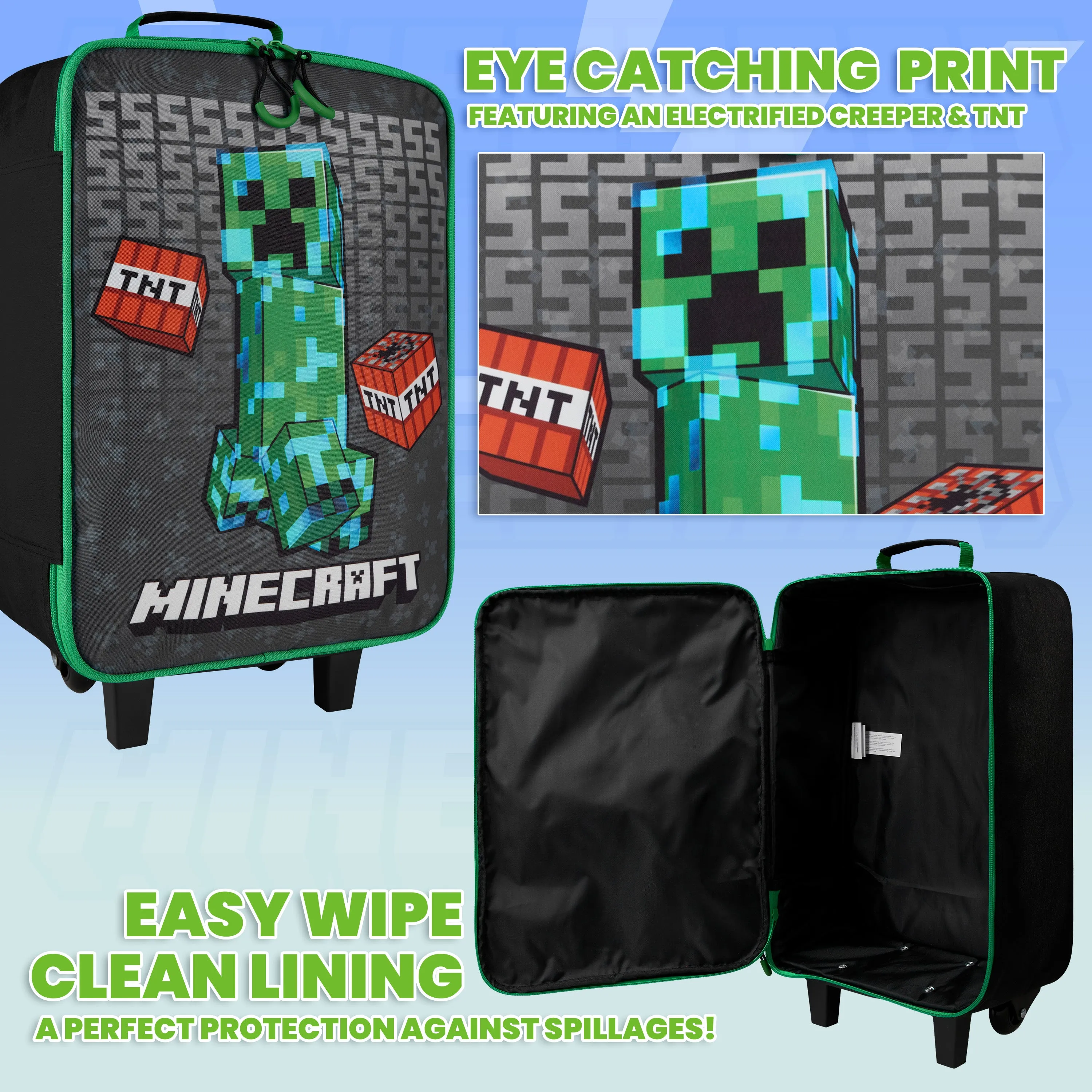 Minecraft Kids Suitcase for Boys and Girls Foldable Trolley Hand Luggage Bag Carry On Gamer Travel Bag with Wheels Size Cabin Bag Wheeled Bag with Handle Trolley Suitcase Boys