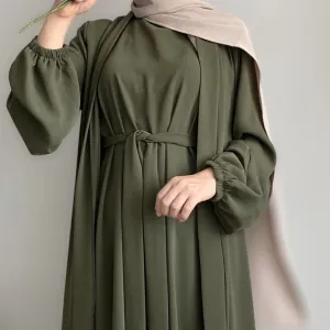 MOA092 Solid Color Elegant Open Abaya with Pockets 3-Piece Set