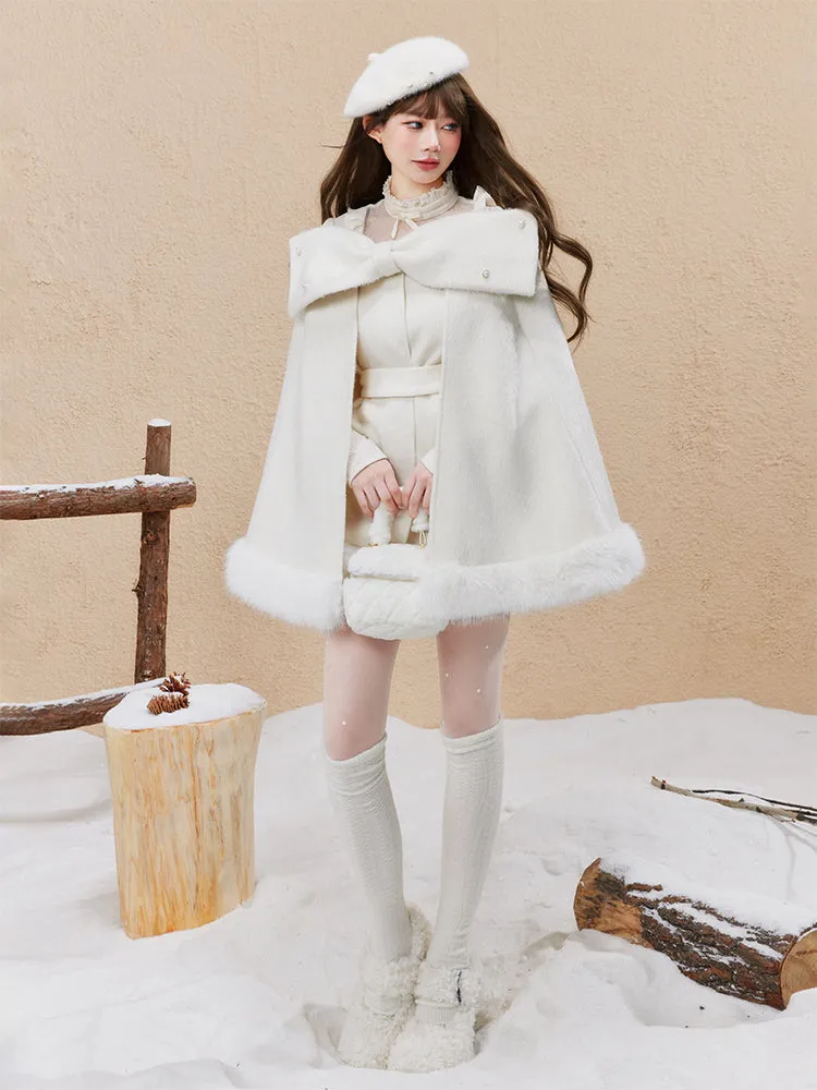 Monet Winter Elegant Chic Lady Retro Bow White Beige Cape Cloak Dress Two Piece Set