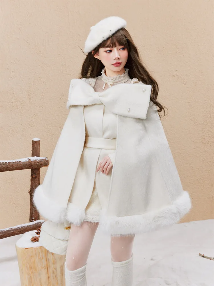 Monet Winter Elegant Chic Lady Retro Bow White Beige Cape Cloak Dress Two Piece Set