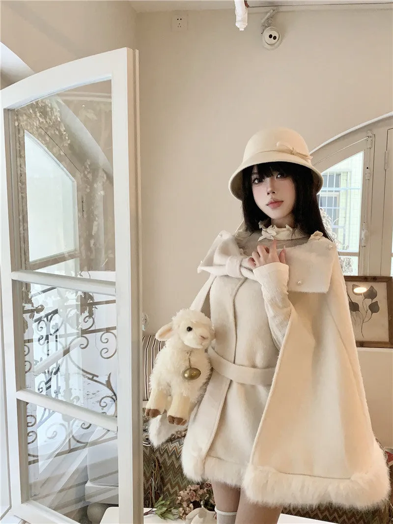 Monet Winter Elegant Chic Lady Retro Bow White Beige Cape Cloak Dress Two Piece Set