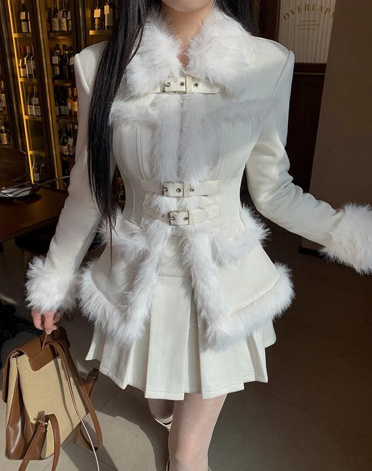 Monet Winter Elegant Chic Snow Love Letter White Fur Suede Jacket Pleated Skirt Two Piece Set