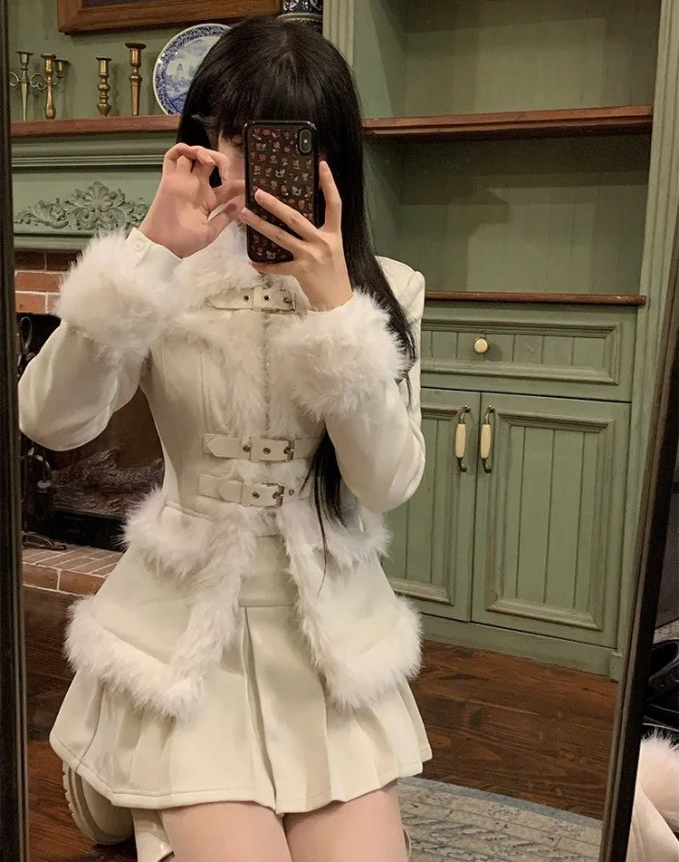 Monet Winter Elegant Chic Snow Love Letter White Fur Suede Jacket Pleated Skirt Two Piece Set