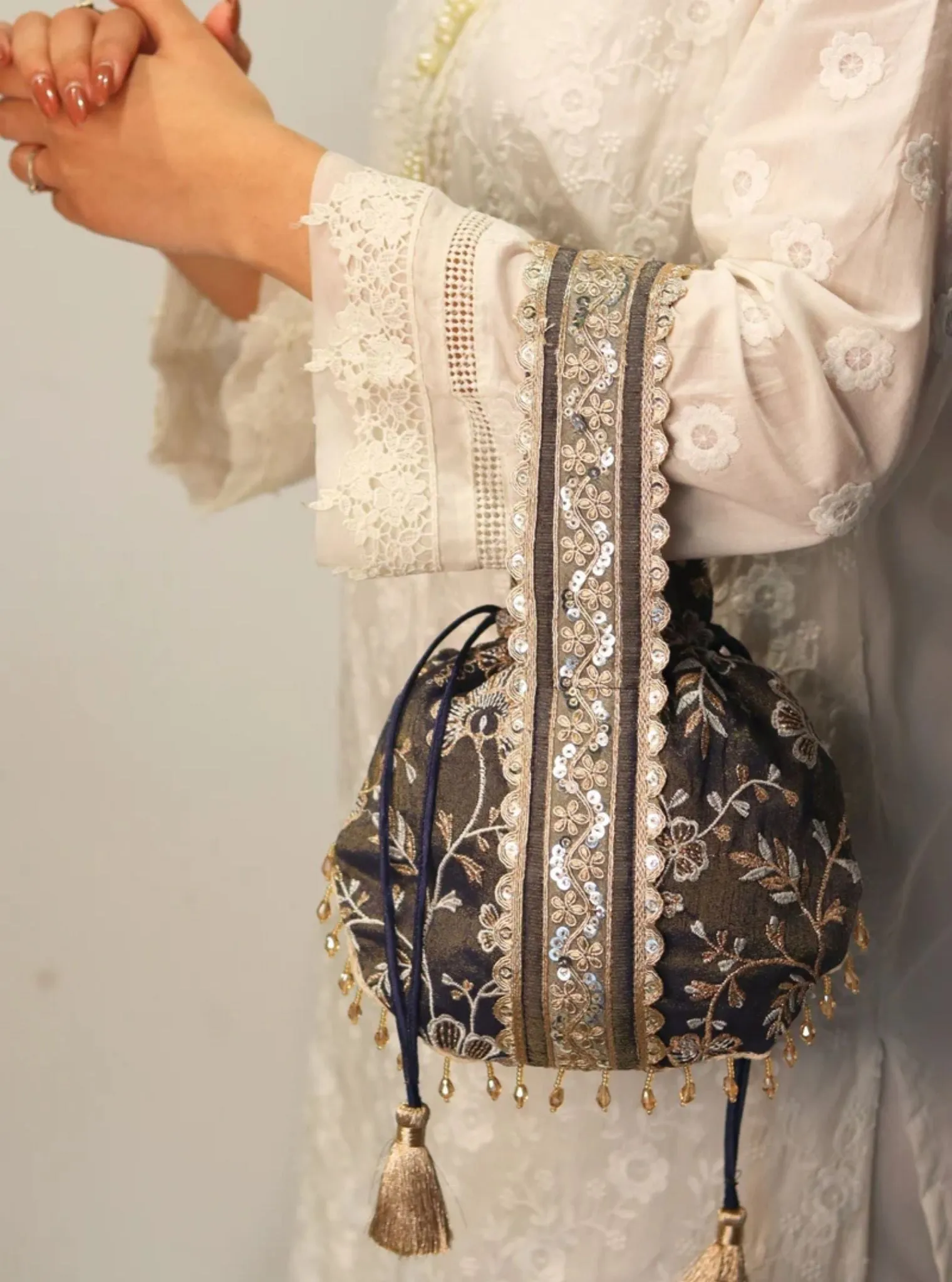 Mulmul Sawaari Navy Potli Bag