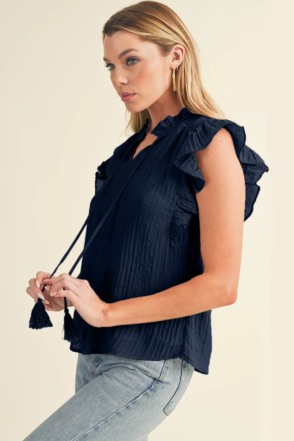 Navy Blue V Neck Flutter Shoulder Textured Blouse