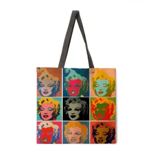 Oil painting Monroe linen shopping bag ladies shoulder bag foldable shopping bag beach tote bag