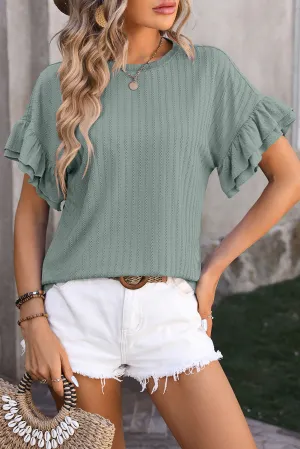 Orchid Solid Color Textured Layered Ruffle Sleeve T Shirt