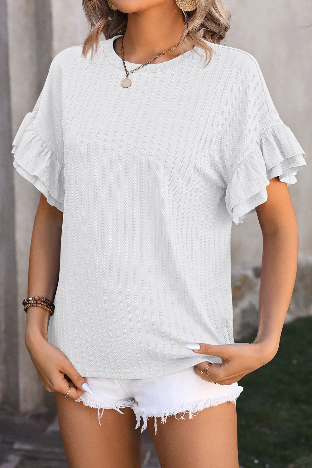 Orchid Solid Color Textured Layered Ruffle Sleeve T Shirt