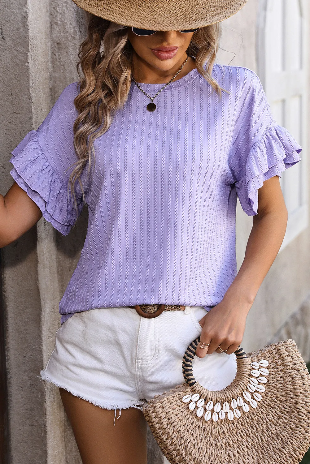 Orchid Solid Color Textured Layered Ruffle Sleeve T Shirt