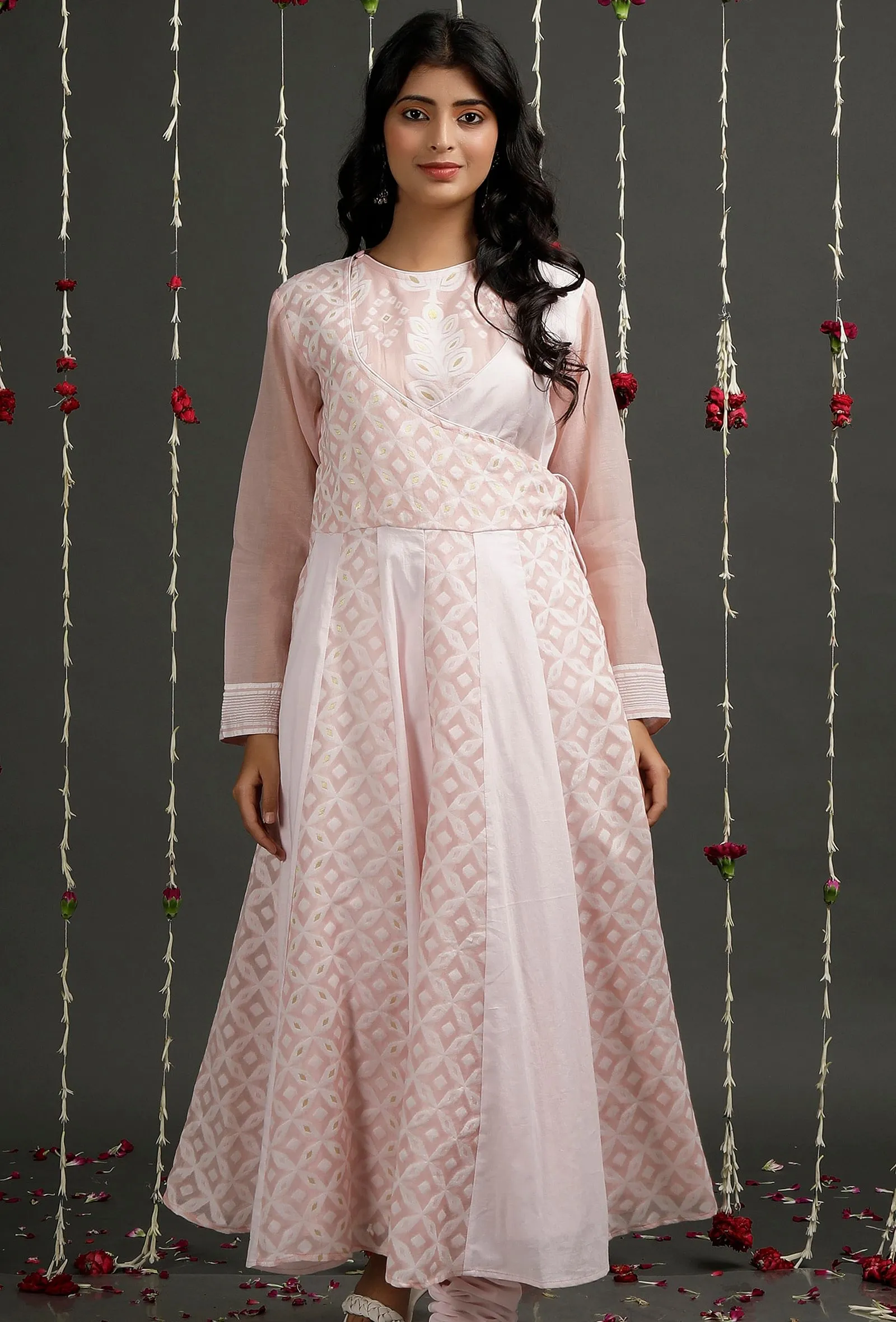 Pearl Pink Floral Jamdani Angrakha Kurta Dress