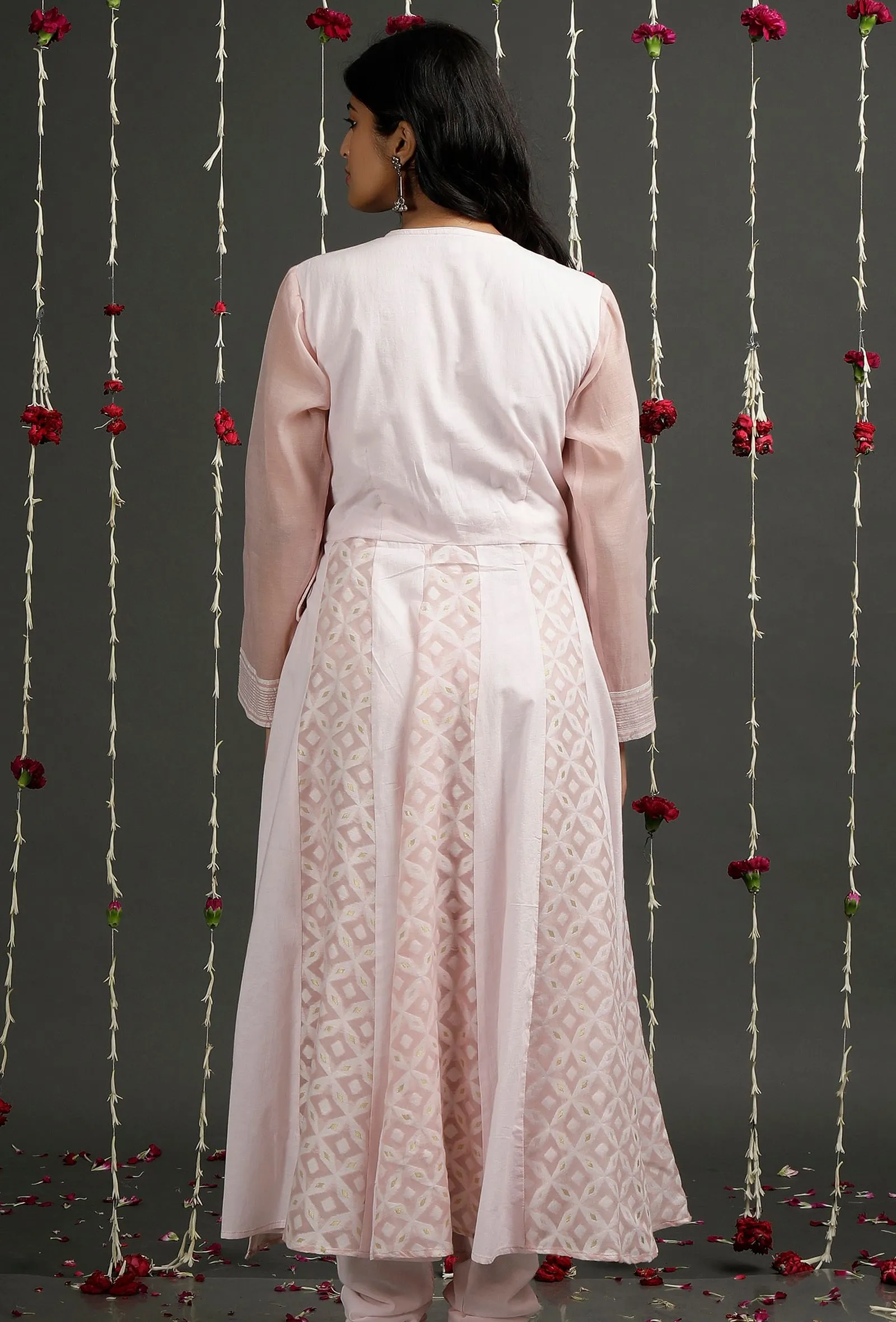 Pearl Pink Floral Jamdani Angrakha Kurta Dress