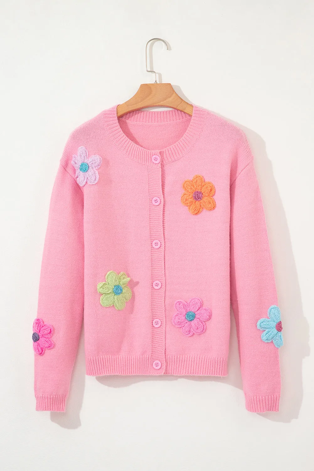 Pink Cute Knitted Floral Pattern Button Up Cardigan